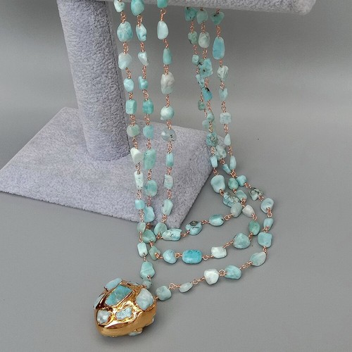 18" 3 Strands Natural Larimar Rosary Chain Necklace Heart-Shaped Larimar Pendant - Picture 4 of 8