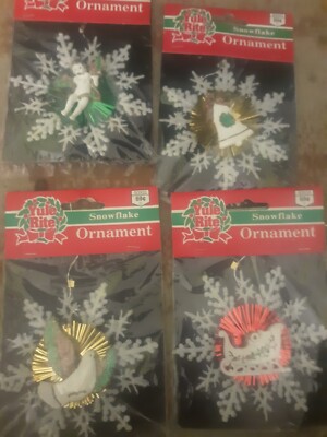4 Yule Rite Snowflake Ornaments W/sleigh Bell Cherub NOS Rite Aid