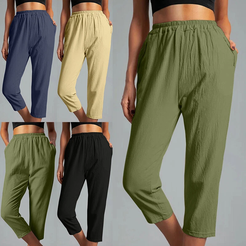 Womens Plain Straight Capri Pants Casual Sports Elastic Waist Pocket  Trousers US