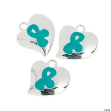 6 Teal Awareness Ribbon Charms Cancer Awareness Heart Jewelry Lot of 6