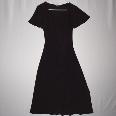 Anne Klein Dress 4 Black Stretch Knit Midi Faux Wrap Flutter Sleeve Witchy Vtg