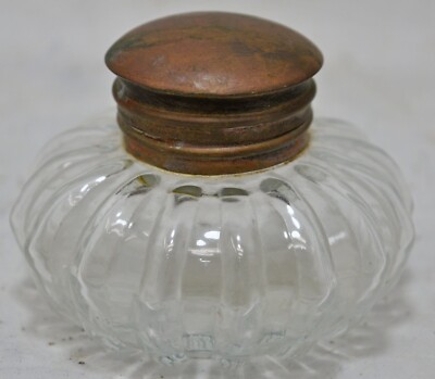 Vintage Glass Round Melon Shaped Ink Bottle Original Old Hand Crafted Brass Cap