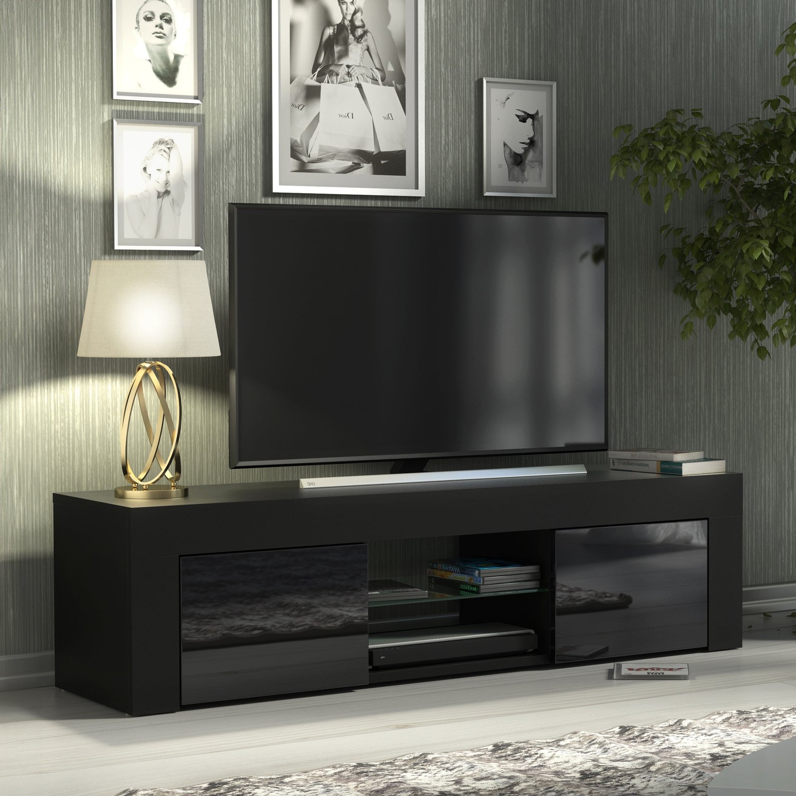 TV Stand 130cm Matt Black Body Gloss Black Doors Modern Media Cabinet LUNARO