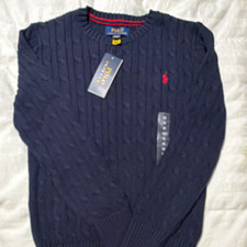 Polo Ralph Lauren Boys Navy Cable-Knit Crew Neck Pullover Cotton Sweater M 10/12