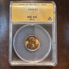 1934 Lincoln Cent Wheat Penny RD BU Gem ANACS MS66 RED