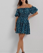 Lauren Ralph Lauren Women's Floral Cotton Voile Bubble-Sleeve Dress Sz 18