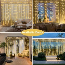 9.8x9.8ft Curtain Lights 300 LED - Warm White USB Remote, Christmas Decor