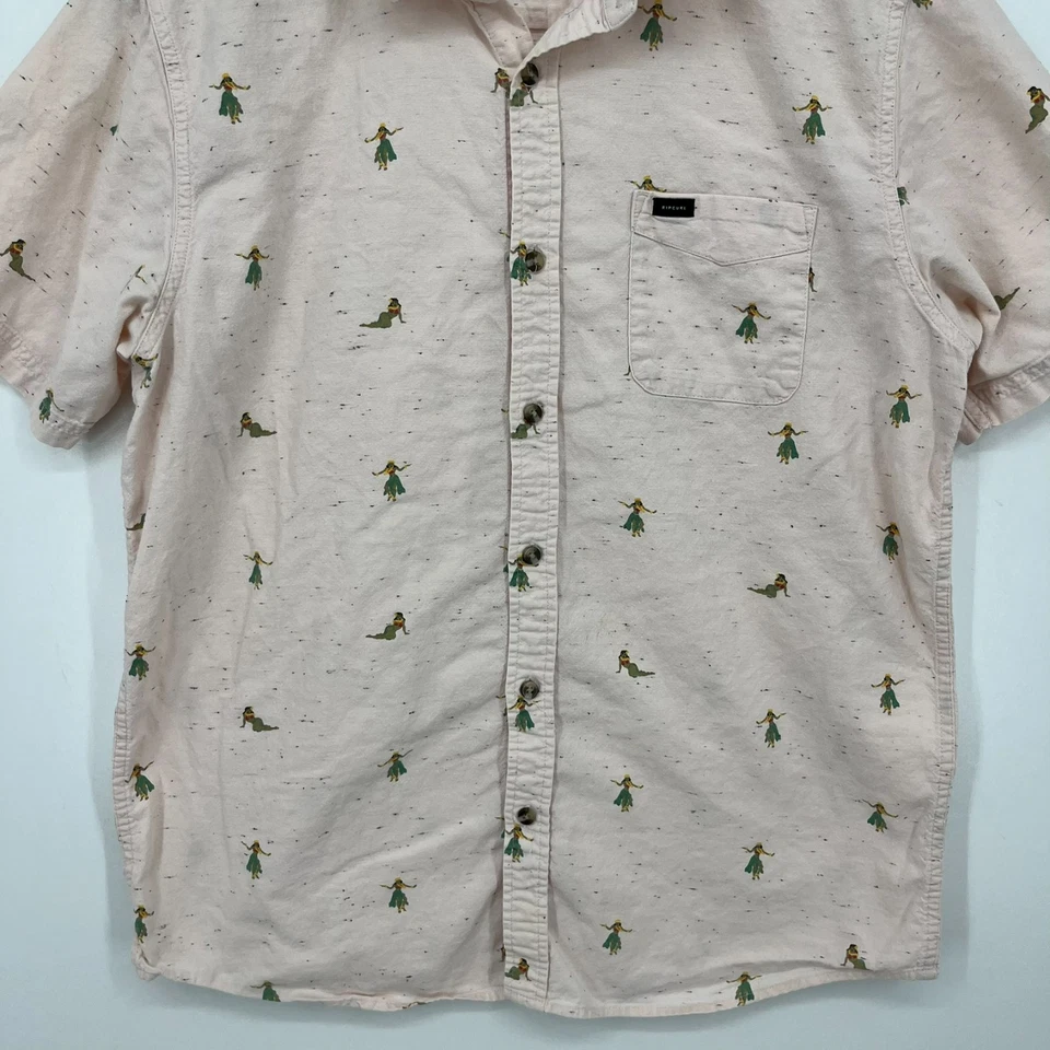 Rip Curl Short Sleeve Button Shirt Men's L Pink Hula Girls Hawaiian Cotton - Image 3 of 4