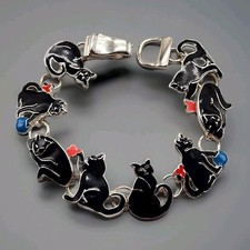 Black Cats Link Bracelet Magnetic Clasp Silver Tone Butterfly 7" Halloween CUTE 