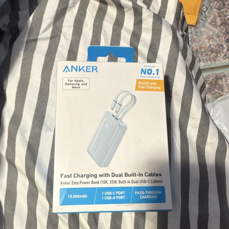 Anker 20000mAh 30W USB-C Fast Charge Power Bank w/ Built-In Braided Cable blue