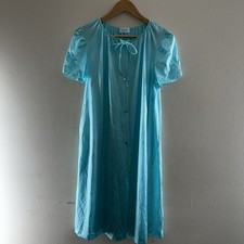 Vintage Lorraine Blue Nylon Nightgown Short Sleeve Lace Trim Button Front USA