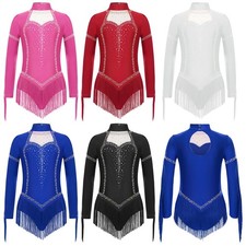 Kids Girls Bodysuit Costume Romper Practice Jumpsuit Stage Latin Leotard Fringe