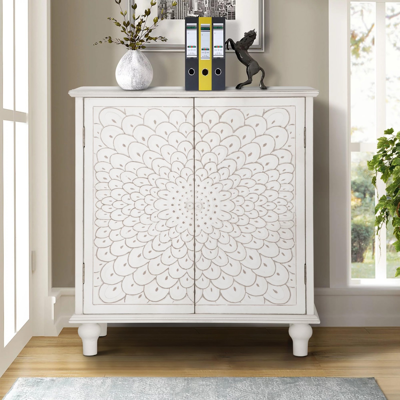 White Accent Cabinet with 2 Doors Farmhouse Distressed Stora