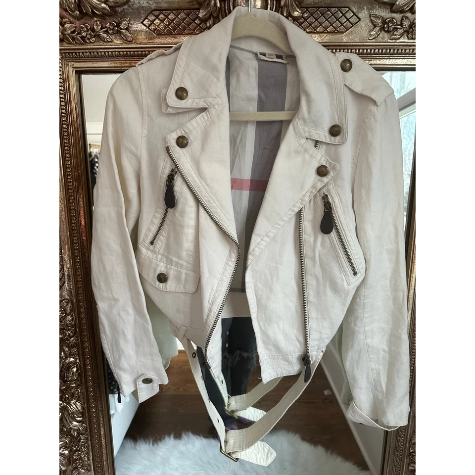 Burberry Brit Patchford Parchment Linen Moto Biker Full Zip Belted Jacket Size 4 - Image 2 of 4