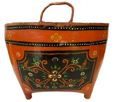 Antique Primitive Folk Art Basket Thai Asian Orange Black Paint 18thC Floral 13"