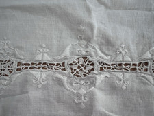 Vintage Embroidered Linen Table Runner Dresser Scarf 26" x 18  White Scroll
