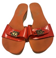Flogg Sandals 7.5 Platform Clog Slides Orange Patent Brass Buckle Comfort Padded