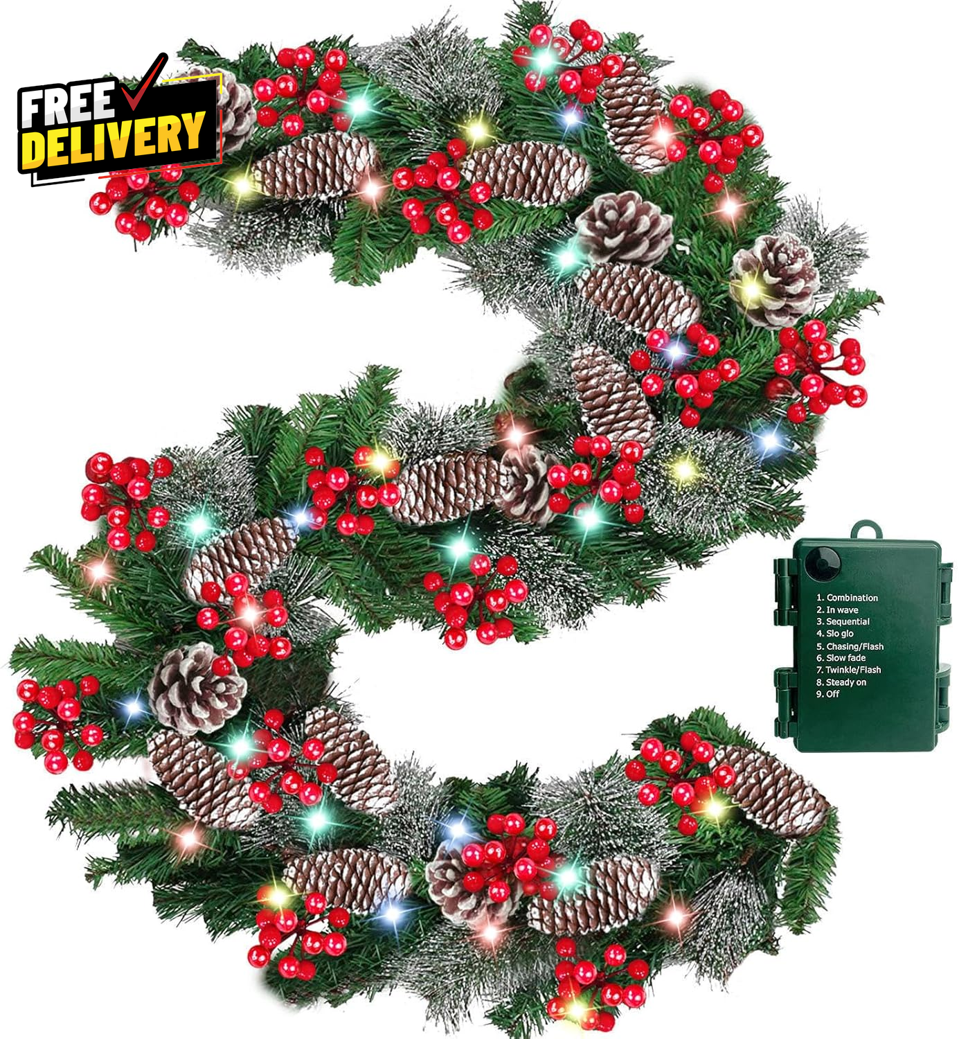 9Ft Prelit Christmas Garland 50 Colorful Lights Snowy Tips Red Berries Pinecones