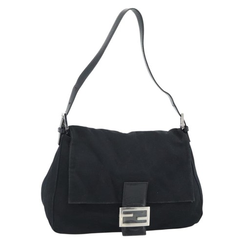 FENDI Mamma Baguette Shoulder Bag Cotton Jersey Black Silver Auth 183767
