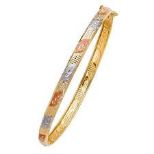 14k Yellow White Rose Tri Color Gold 7.5" Fancy Flexible Bangle Bracelet