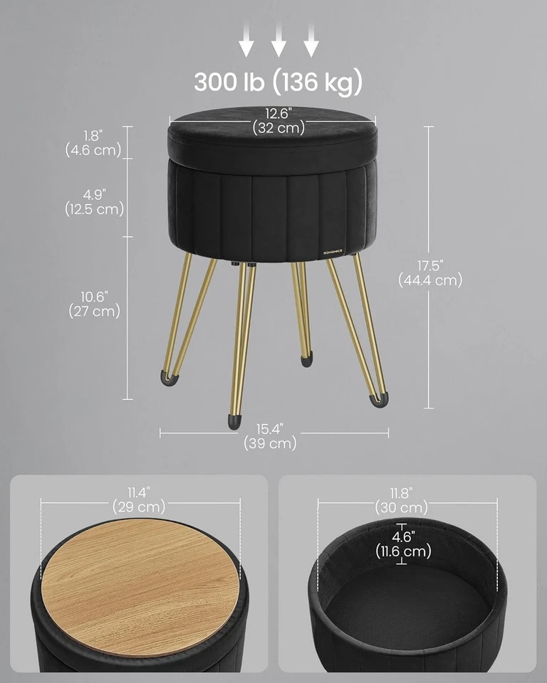 Ink Black Velvet Storage Ottoman Round Stool Dressing Table Seat 39cm - Image 2 of 4