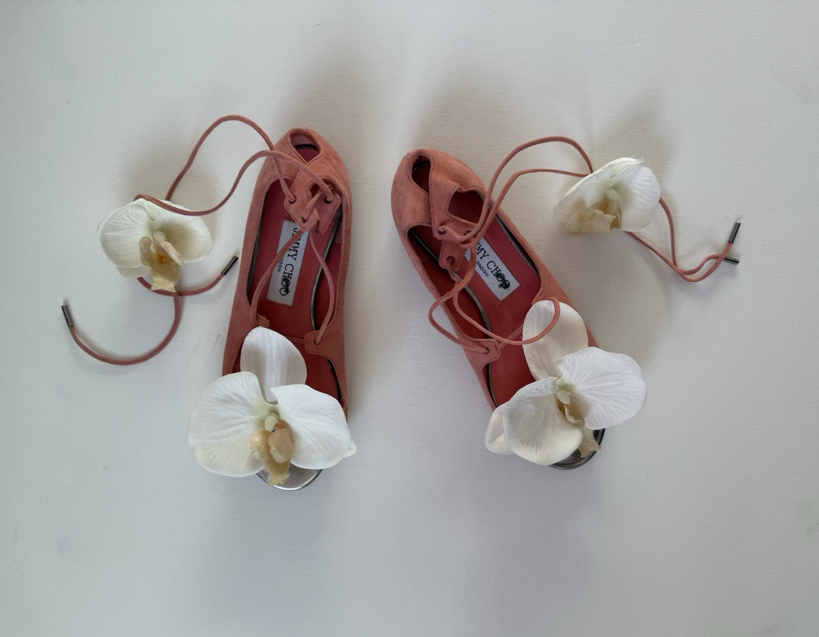 Vintage Jimmy Choo Pink Flats Sandals Orchid Flowers 5.5 Suede Wrap Straps Tie