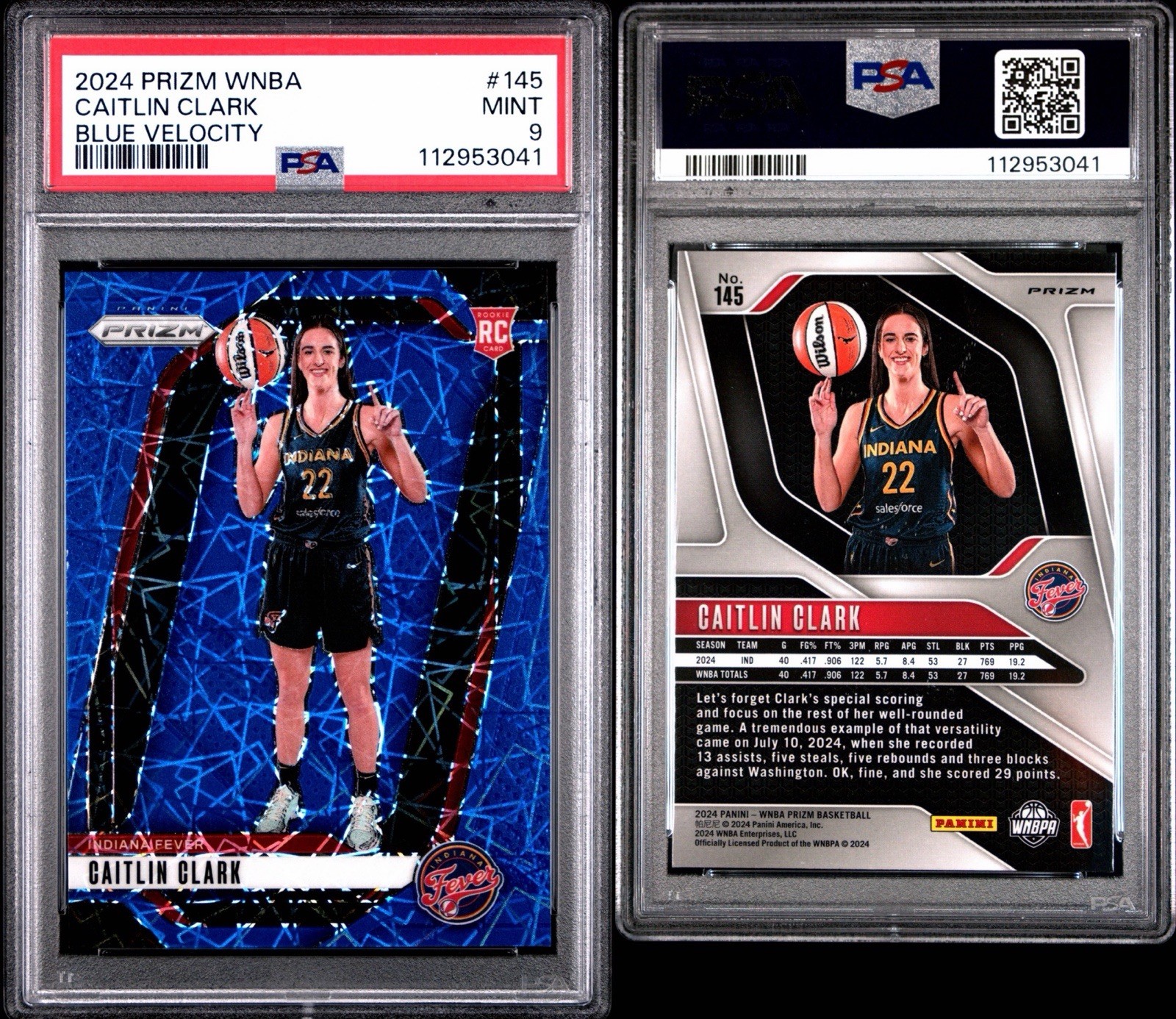 2024 Panini WNBA Prizm Caitlin Clark #145 Blue Velocity Rookie RC PSA 9 MINT view 3