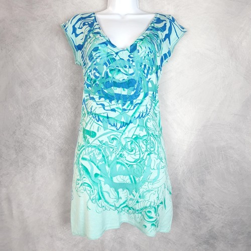 Ed Hardy Sukienka Damska Medium Aqua Tiger Tatuaż Grafika Dekolt w serek Mini Sweter Tunika - Zdjęcie 1 z 22