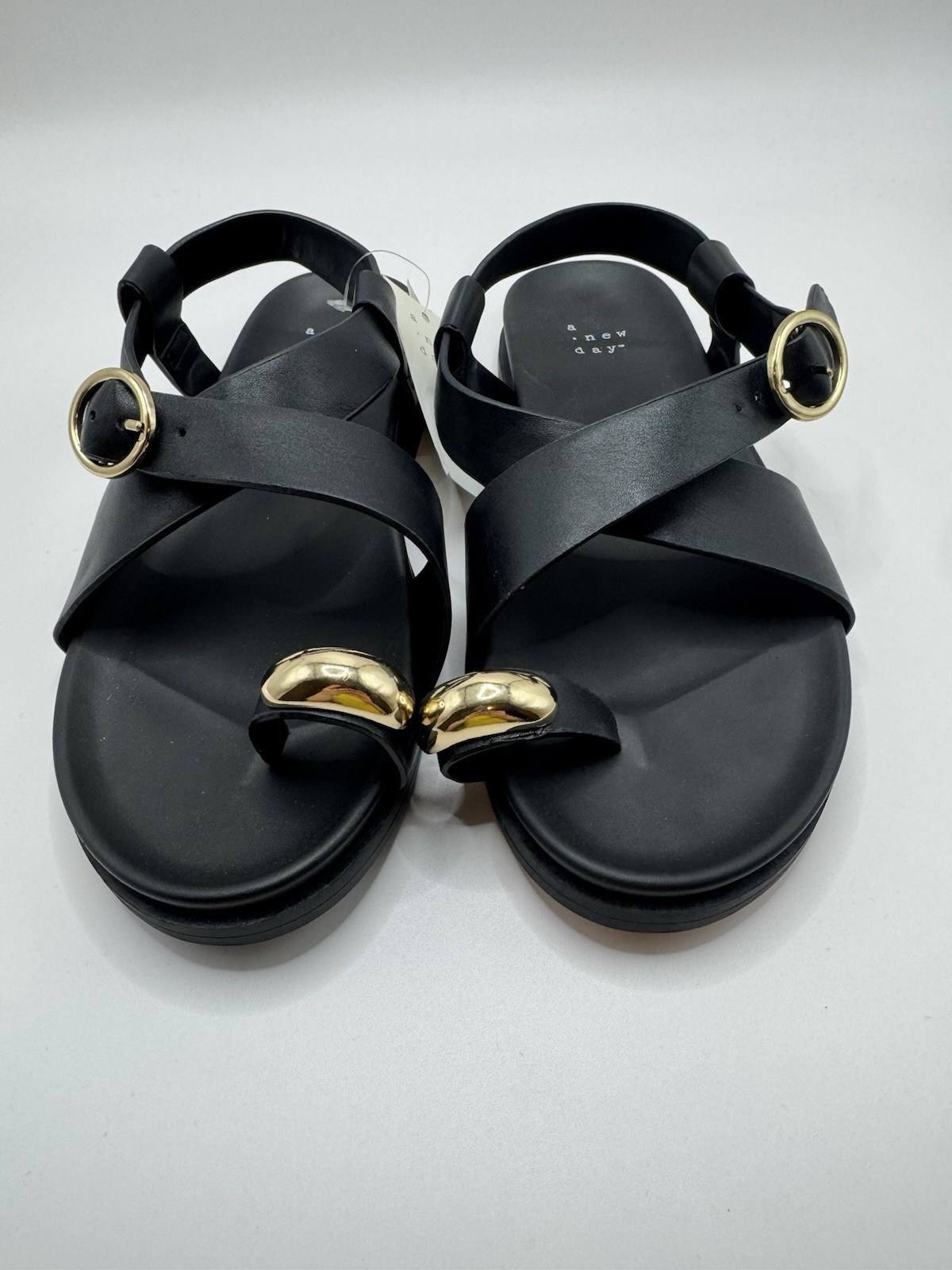 A New Day Women's Black Strappy Sandals Gold Buckle Gold Toe Detail Size 6