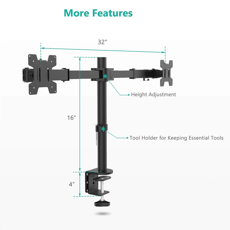 WALI Dual LCD Monitor Fully Adjustable Desk Mount Stand Fits 2 Screens up to 27 - Image 3 of 4