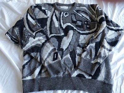 Jantzen Mens Large L Pullover Knit Sweater Vintage Abstract Retro Black White