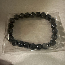 Gray Stone Round Bead Stretch Bracelet w/ Black Accent Bead Slip-On