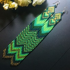 Tribal Earrings Native Large Boho American Seed Beads Handmade Multicolor