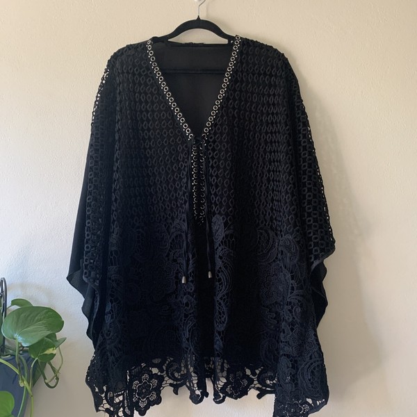 John Cavill Black Kaftan Lace Dress Sheer Studded One Size (approx Size 12) Y2K