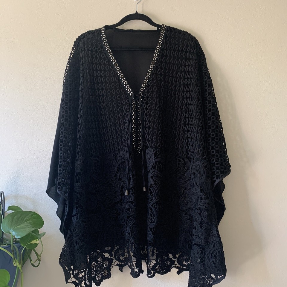 John Cavill Black Kaftan Lace Dress Sheer Studded One Size (approx Size 12) Y2K