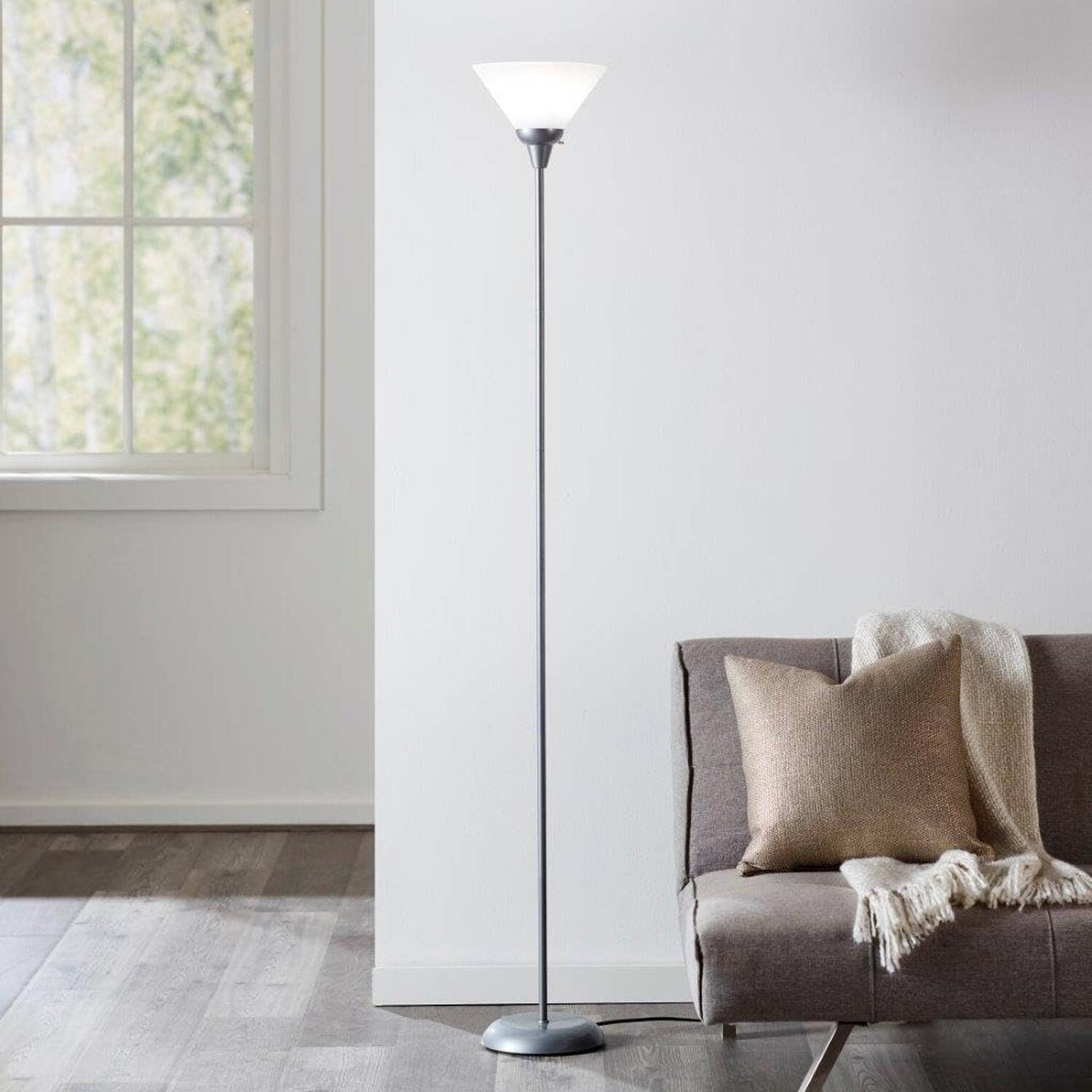Litex Industries Grey Metallic Torchiere Floor Lamp with White Shade