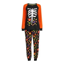 Way To Celebrate! Halloween Women's Pajama Set M Glow In The Dark Skeleton Candy