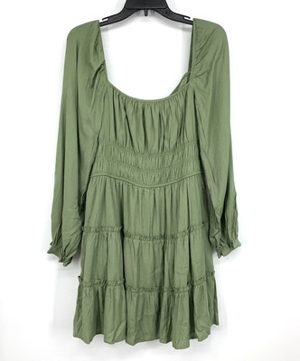Francescas Mi Ami Dress Womens Size XL Green Long Sleeve Ruched Square Neck