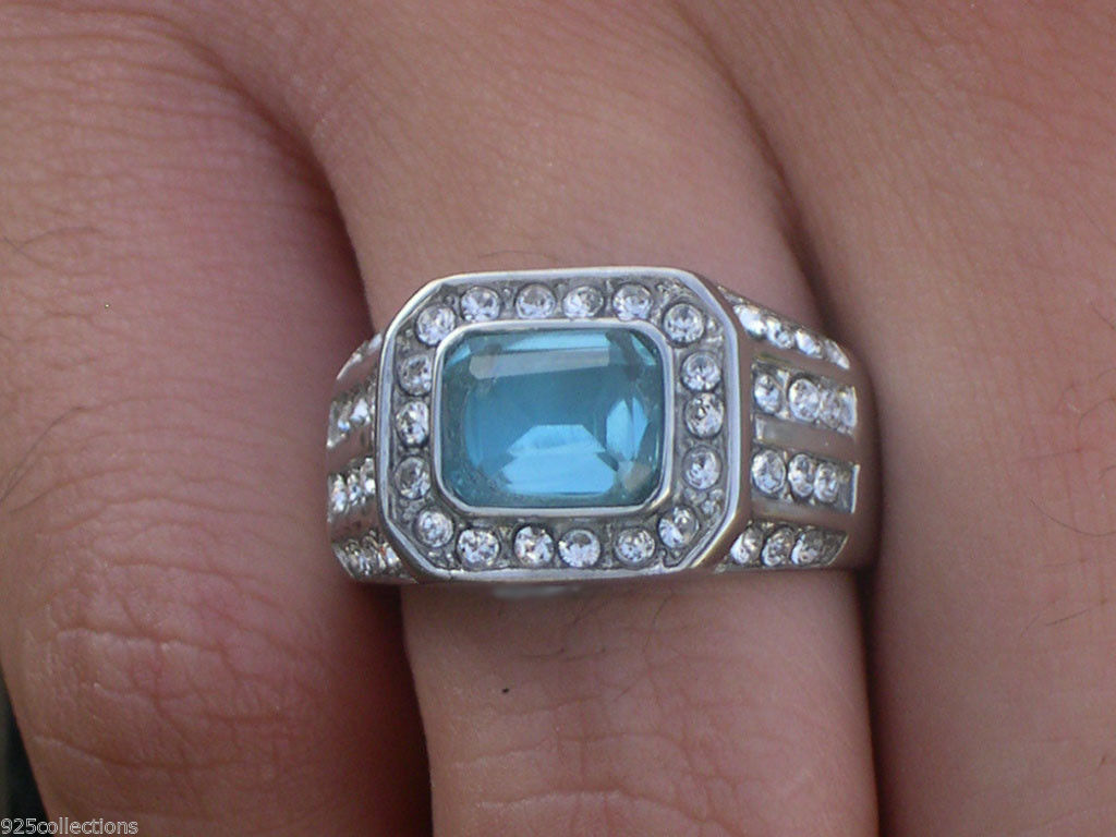 9X7 mm 316 Stainless Steel March Aqua Marine Birthstone Men