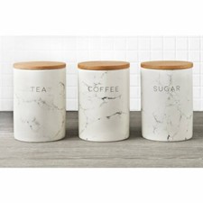 Unique Marble Effect Kitchen Canisters With Stylish Air Tight Wooden Lids 3pc