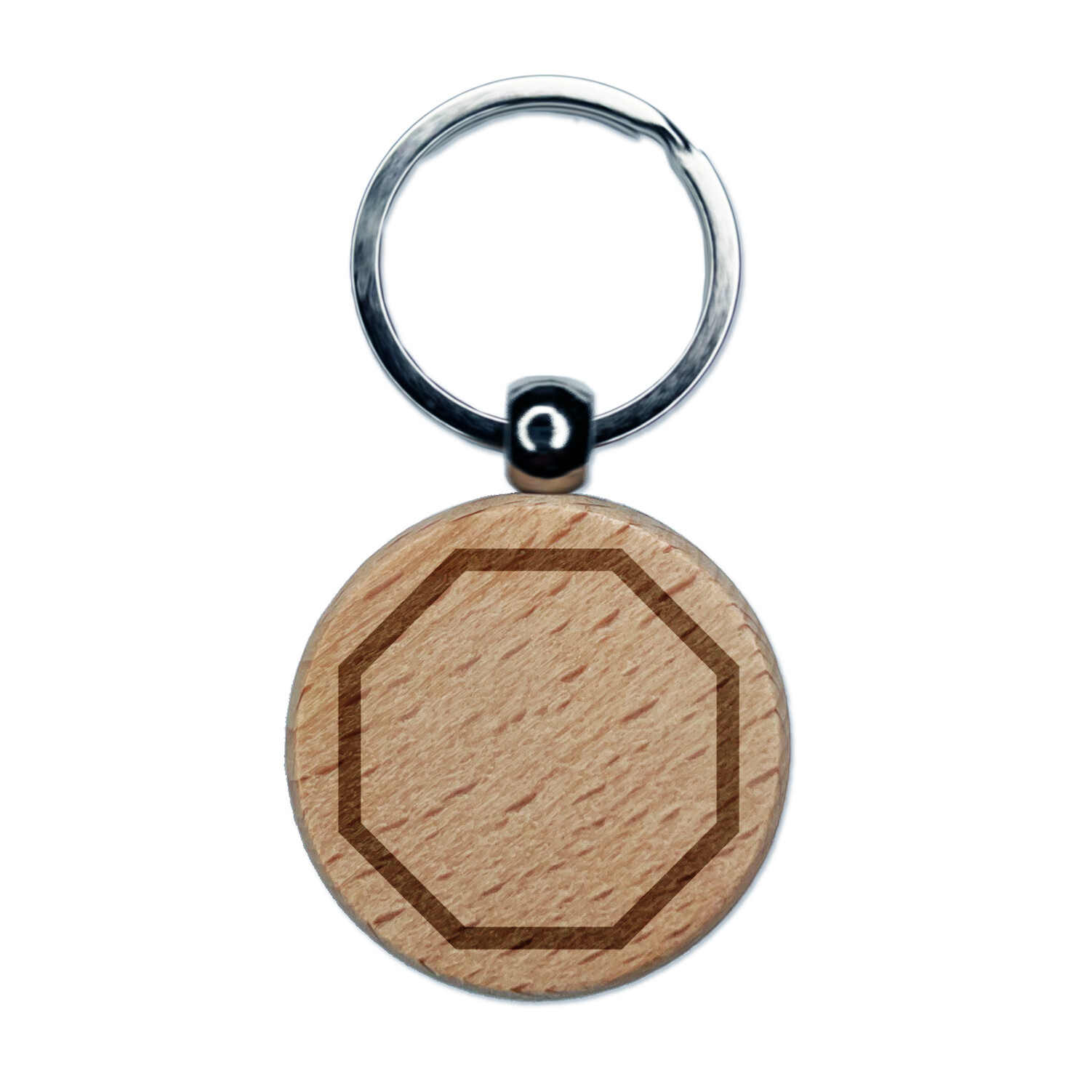 Octagon Border Outline Engraved Wood Round Keychain Tag Charm