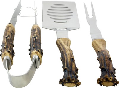 3 Piece Antler Grilling Utensil Set - Hunting Gifts For Dad, For Country Men,