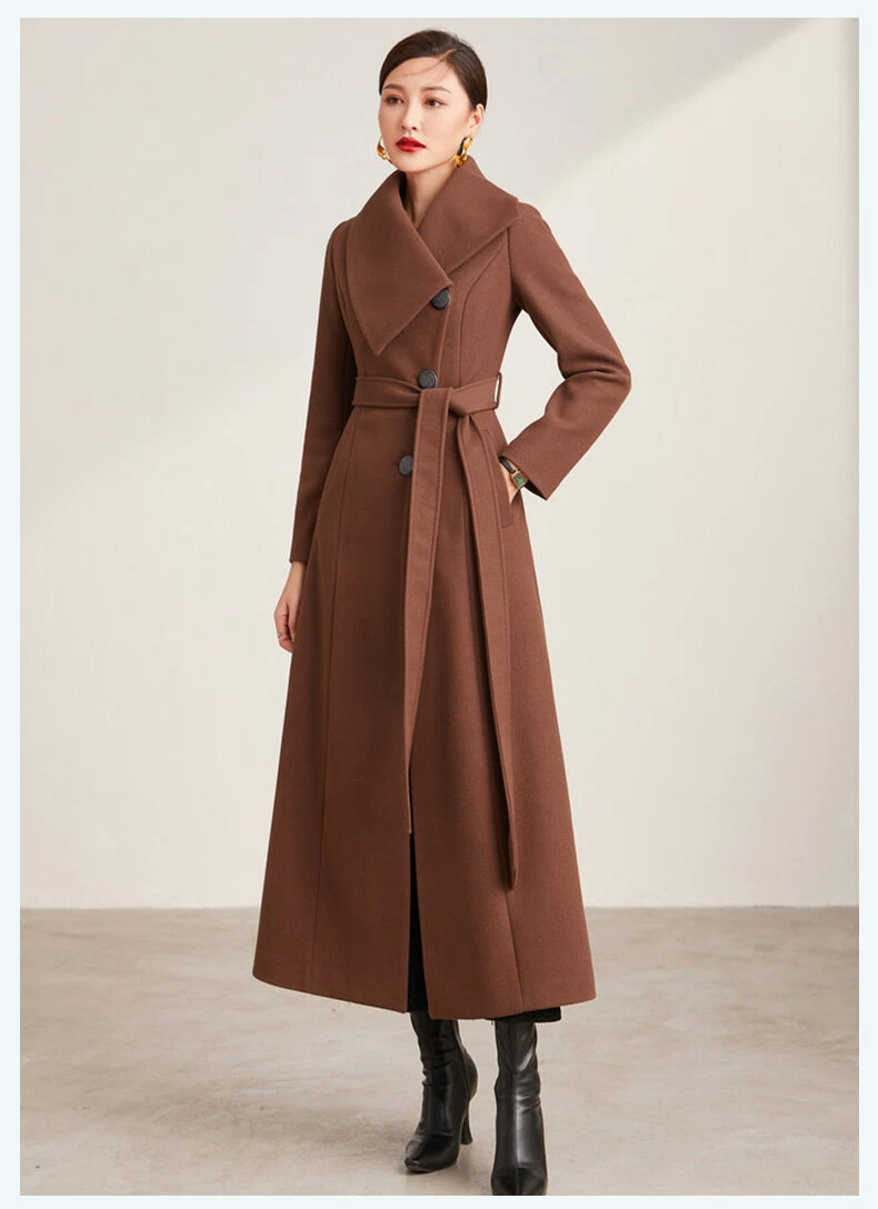 Womens Maxi Long Belted Coat Single Breasted Wool Blend Parka