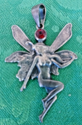 Vintage Pewter Tone Detailed Fairy Pixie With Red Rhinestone Fairy Pendant Charm