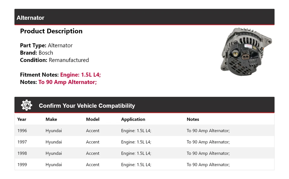 For 1996-1999 Hyundai Accent 1.5L L4 Bosch Alternator (Remanufactured) 1997 1998 - Image 2 of 4