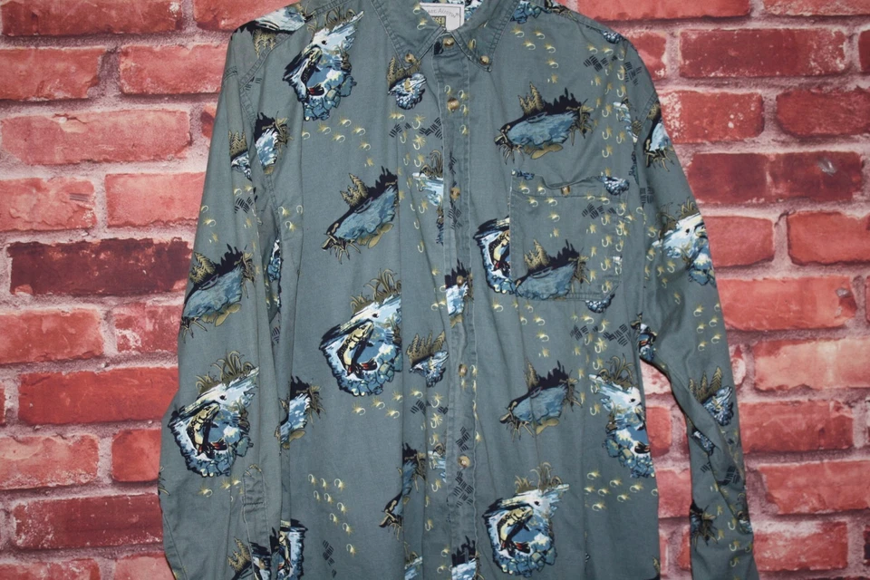 Camisa para hombre Michael Austin resistente talla M verde estampado de pesca mangas largas Foto 3 de 4