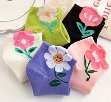 5 Pr Ankle Socks Cotton Blend W Flowers Med