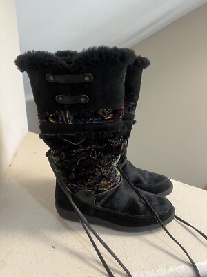 RARE Vintage TECHNICA Women's Black Fur Goat Hair  Winter Snow Boots Size 5