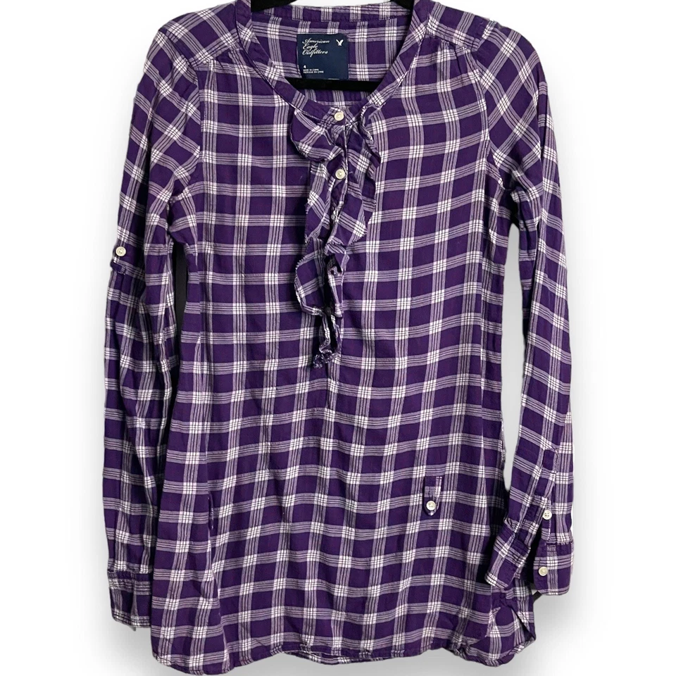 Blusa popover feminina American Eagle Outfitters roxa tamanho 4 xadrez manga longa - Imagem 2 de 4