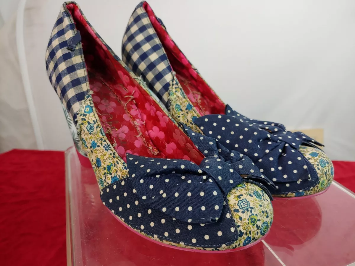 Irregular Choice 39 Blue Gingham Plaid Polka Dot 4 Acrylic Heel Rabbit Sole